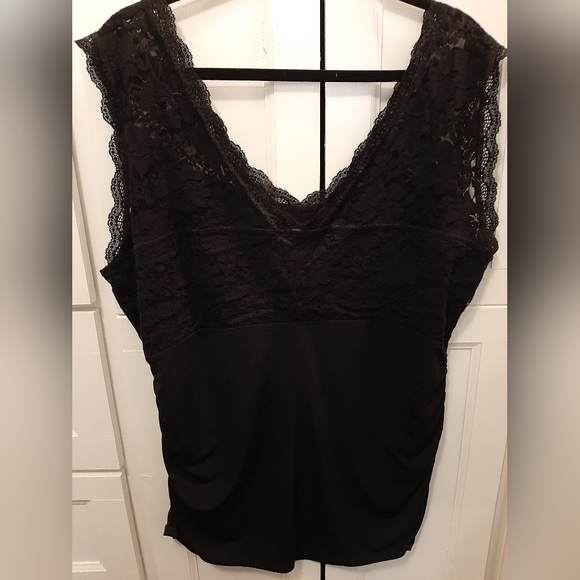 Maurices size 2 fancy tank top black lace, sheer wide straps, ruching on sides - Picture 1 of 10
